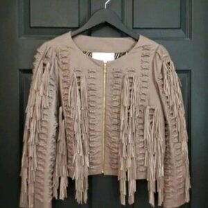Leifsdottir x Anthropologie Sz 4 Taupe 100% Leather Fringe Crop Zip Front Jacket